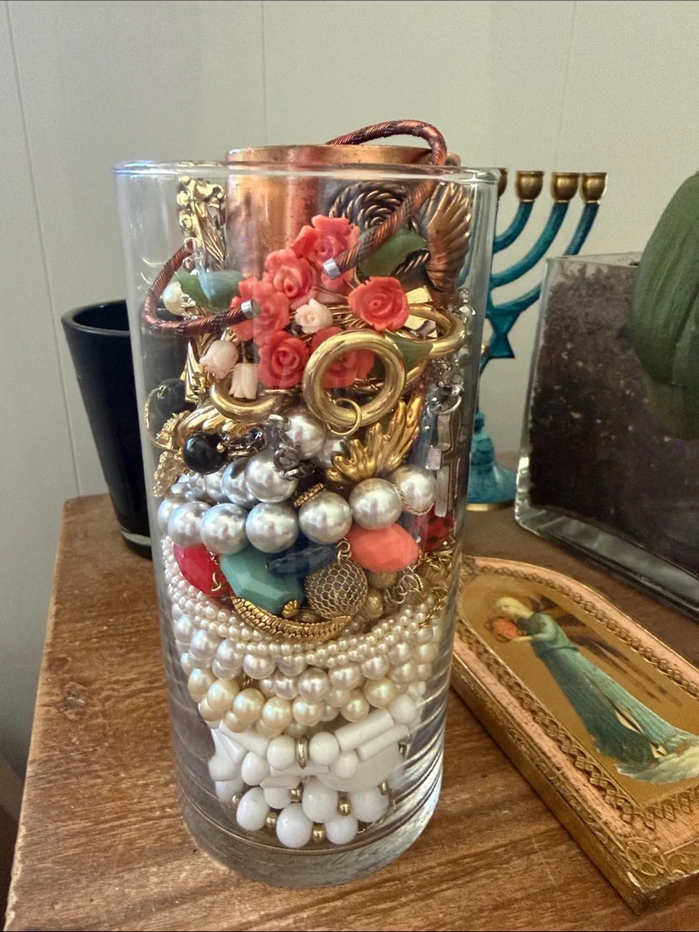 Vintage Romance Mystery Jewelry Jar – Pearls, Florals, Rhinestones & Golden Trea